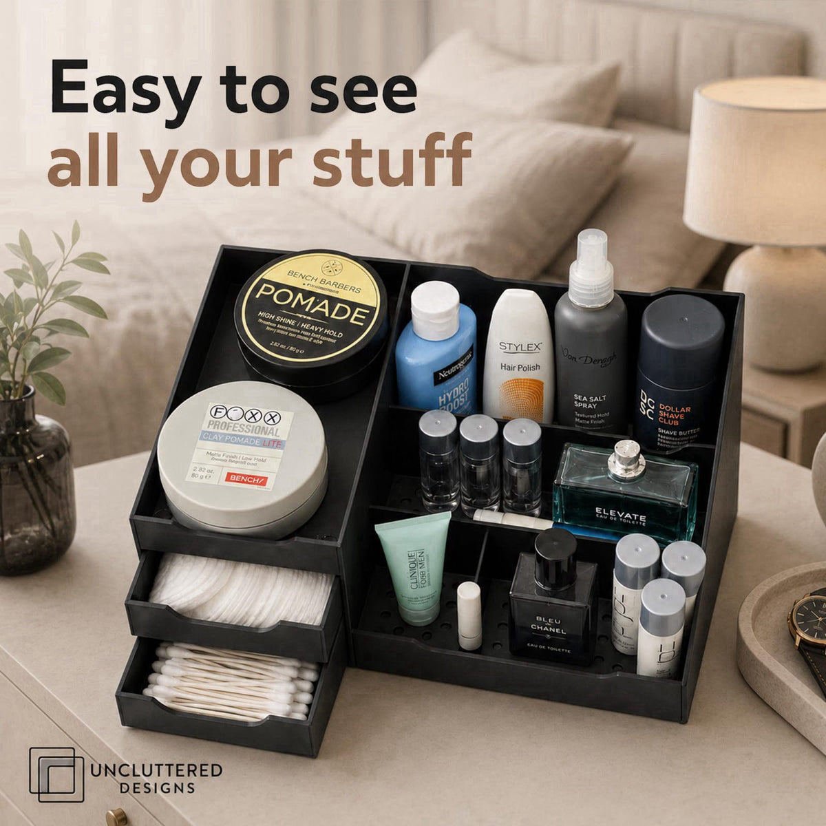 Uncluttered Designs Mens Cologne Organizer for Dresser, Black Countertop – alternate angle