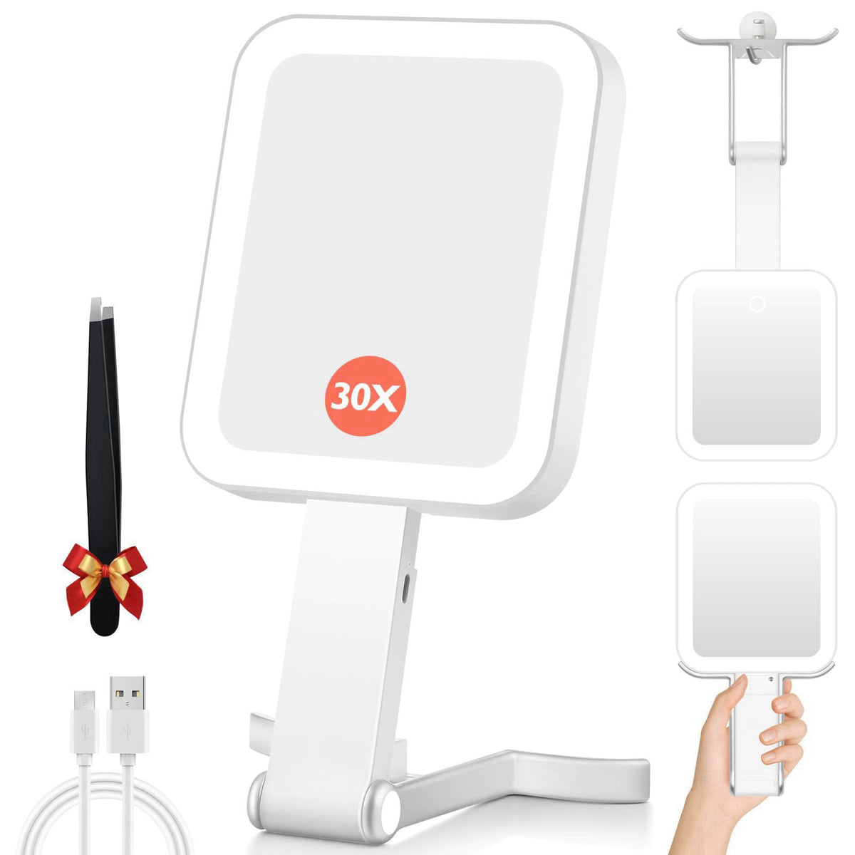 GOMIPURU Magnifying Travel Mirror with Light, 30X/1X Double-Sided Magnifying Mirror with 3 Color Lights, Brightness Adju