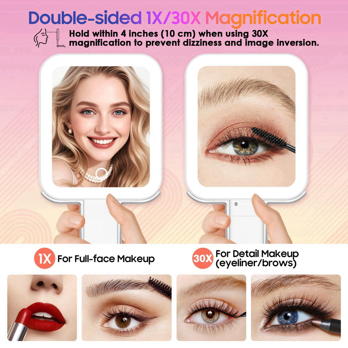 GOMIPURU Magnifying Travel Mirror with Light, 30X/1X Double-Sided Magnifying Mirror with 3 Color Lights, Brightness Adju