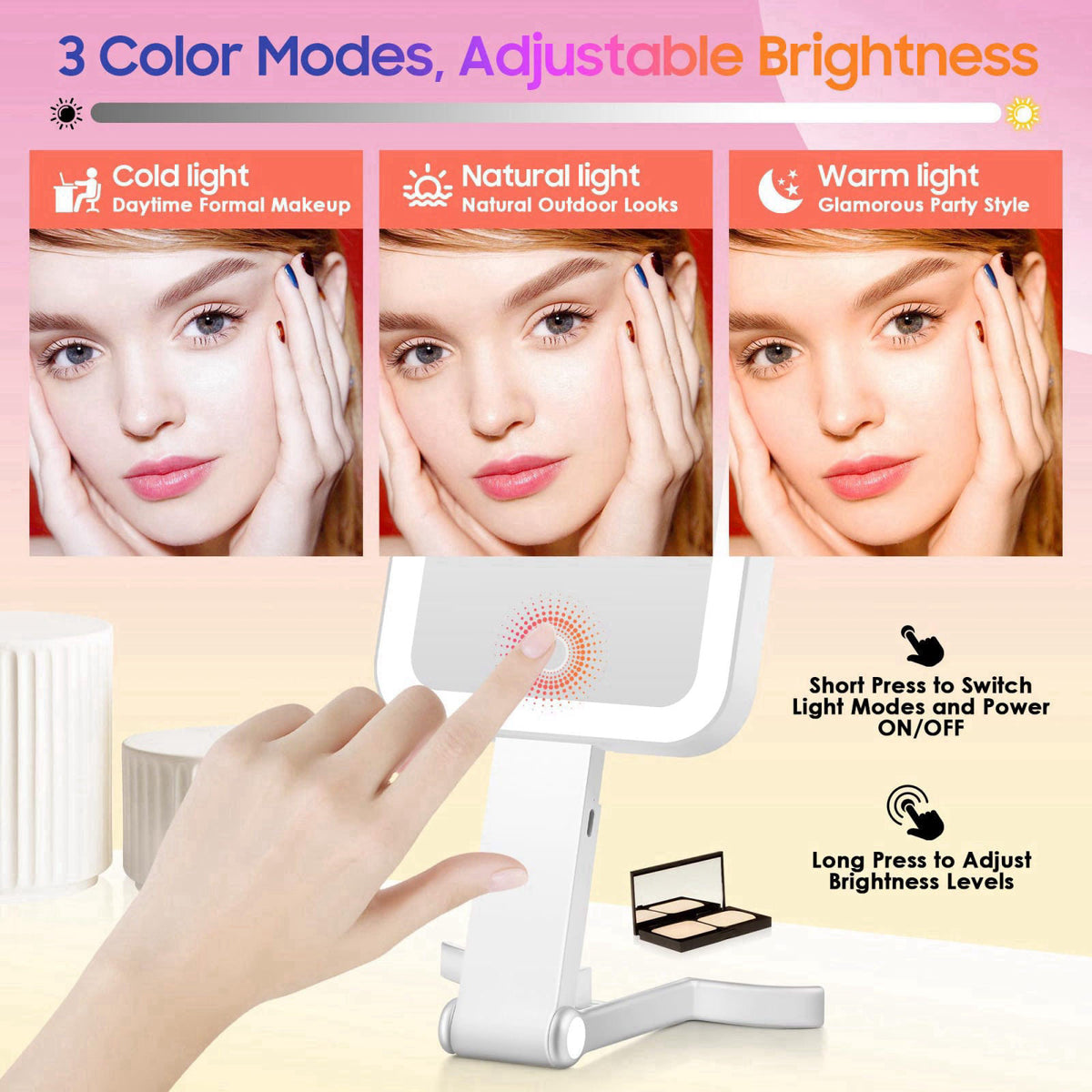 GOMIPURU Magnifying Travel Mirror with Light, 30X/1X Double-Sided Magnifying Mirror with 3 Color Lights, Brightness Adju