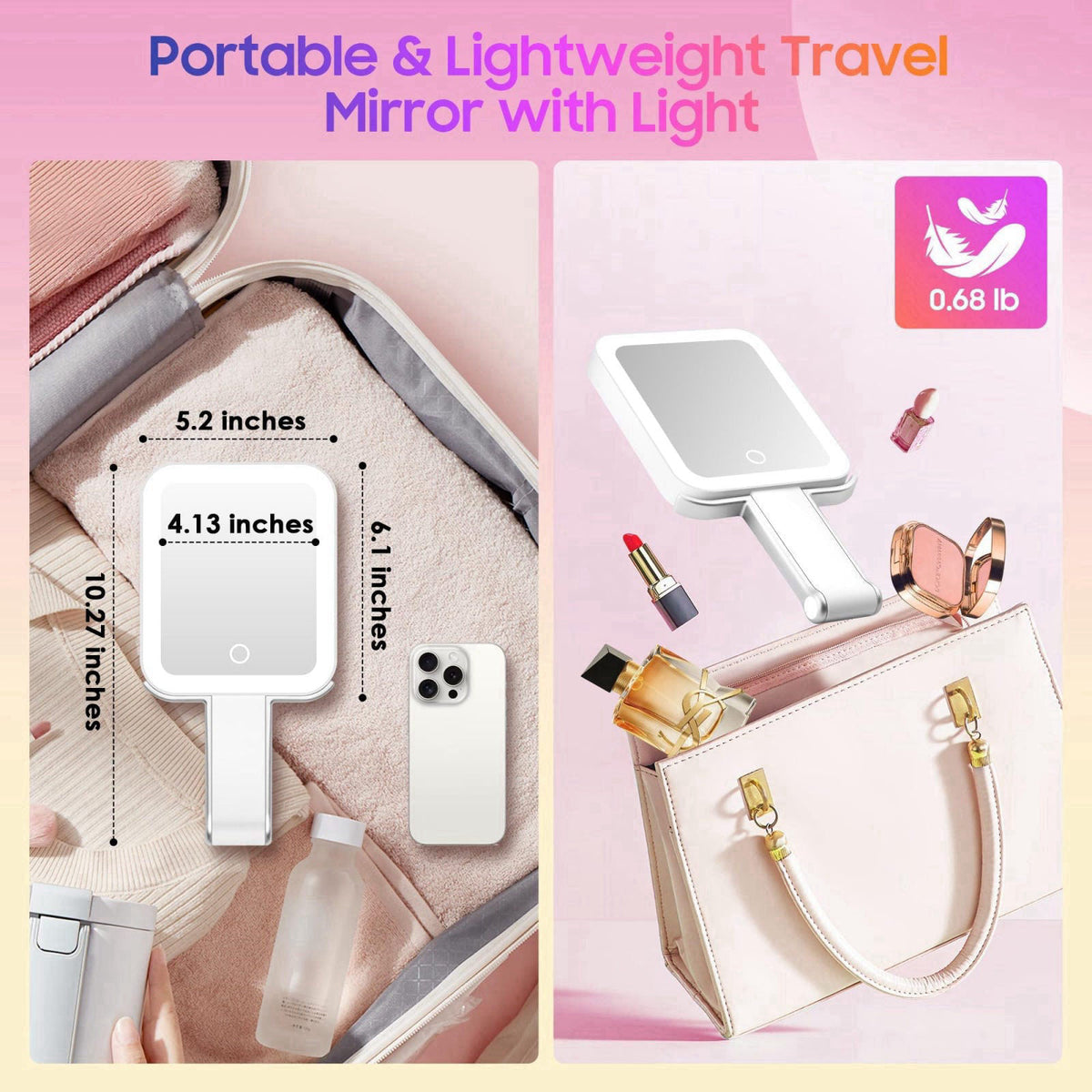 GOMIPURU Magnifying Travel Mirror with Light, 30X/1X Double-Sided Magnifying Mirror with 3 Color Lights, Brightness Adju