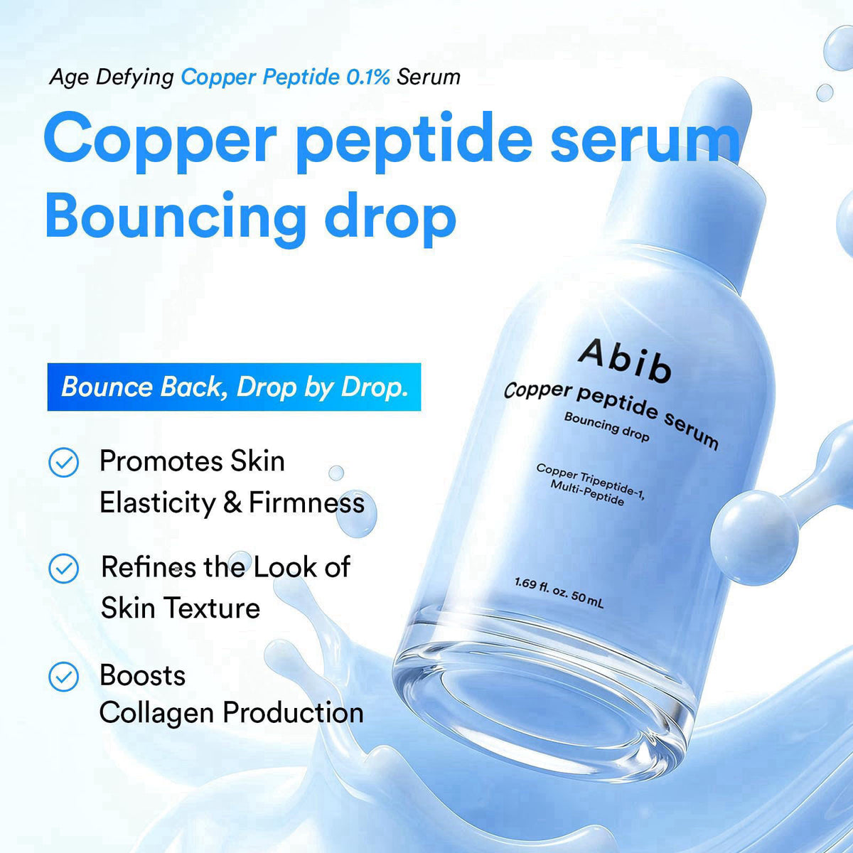Abib Copper Peptide Serum Bouncing Drop – GHK-Cu Peptide, Argireline & Matrixyl Face Serum for Firm, Plum Skin Glow, Ela