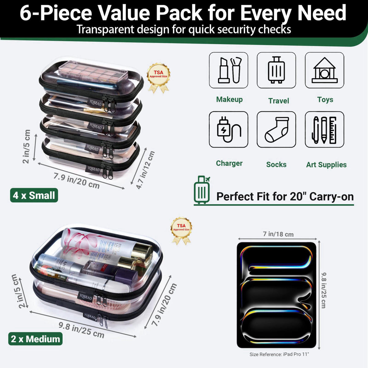 YQBRAO Clear Hard Shell Zipper Cases, 6 Travel Organizers, 2M 4S, Black – full view