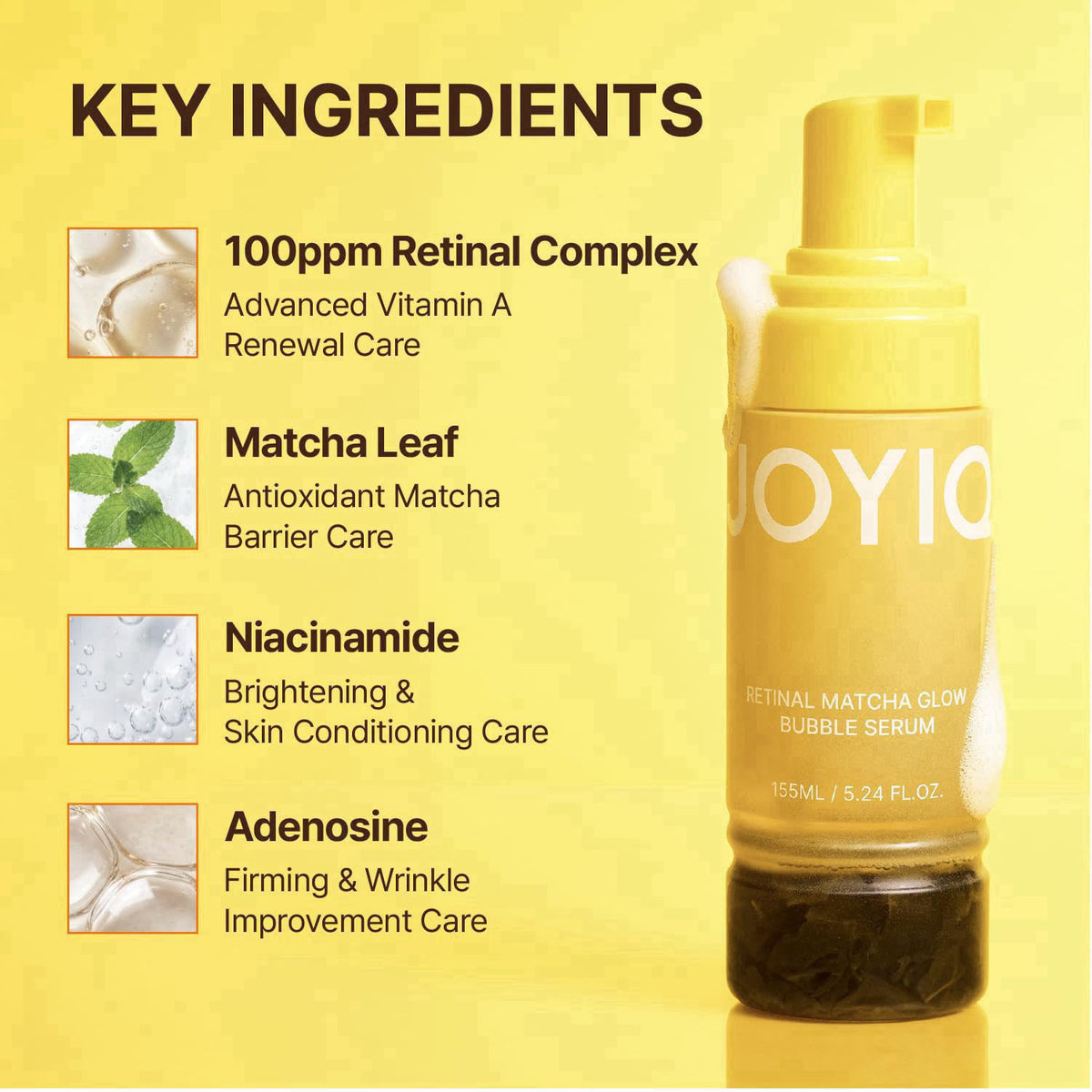 JOYIQ Retinal Matcha Bubble Serum, Face&Body Serum, 5.25 fl.oz – back view and specifications