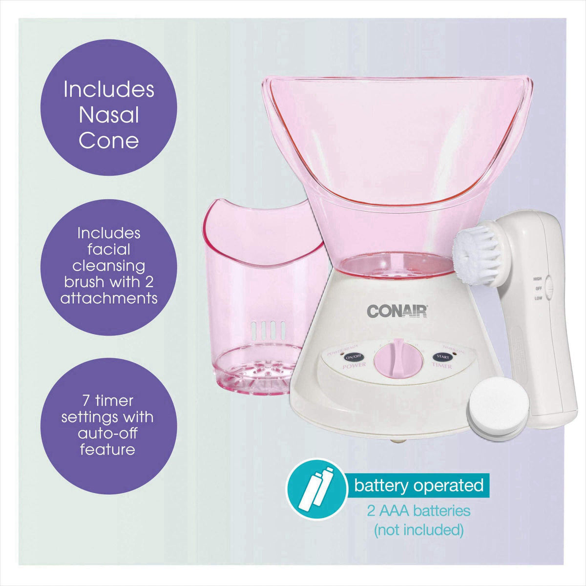 True Glow by Conair Gentle Mist Moisturizing Facial Steamer with Cleansing Brush – back view and specifications