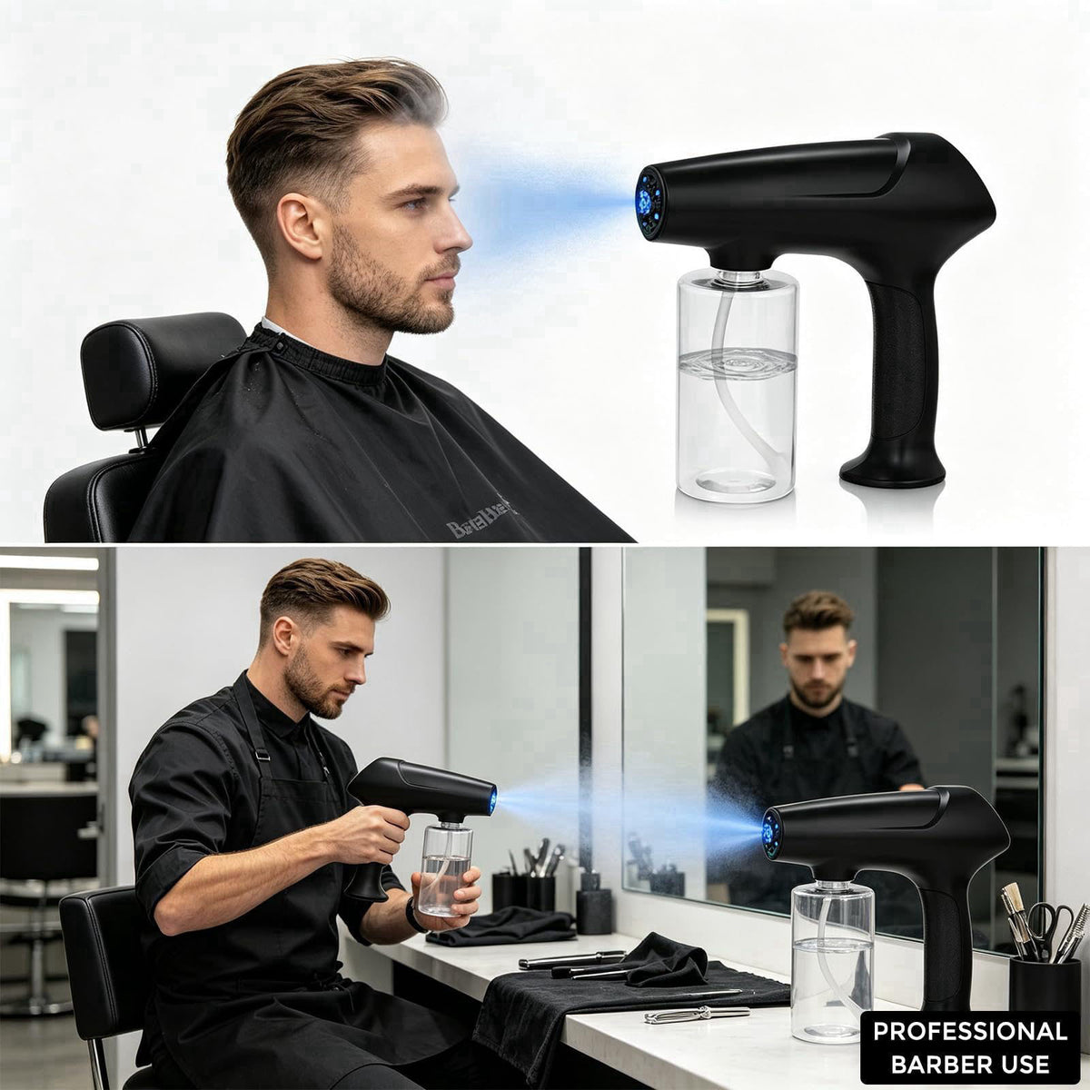 Hovinke Barber Spray Bottle with Blue Light, Rechargeable Electrostatic Atomizer Sprayer, Nano Mist Sprayer for Stylist,