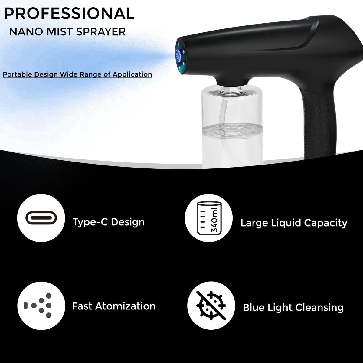 Hovinke Barber Spray Bottle with Blue Light, Rechargeable Electrostatic Atomizer Sprayer, Nano Mist Sprayer for Stylist,