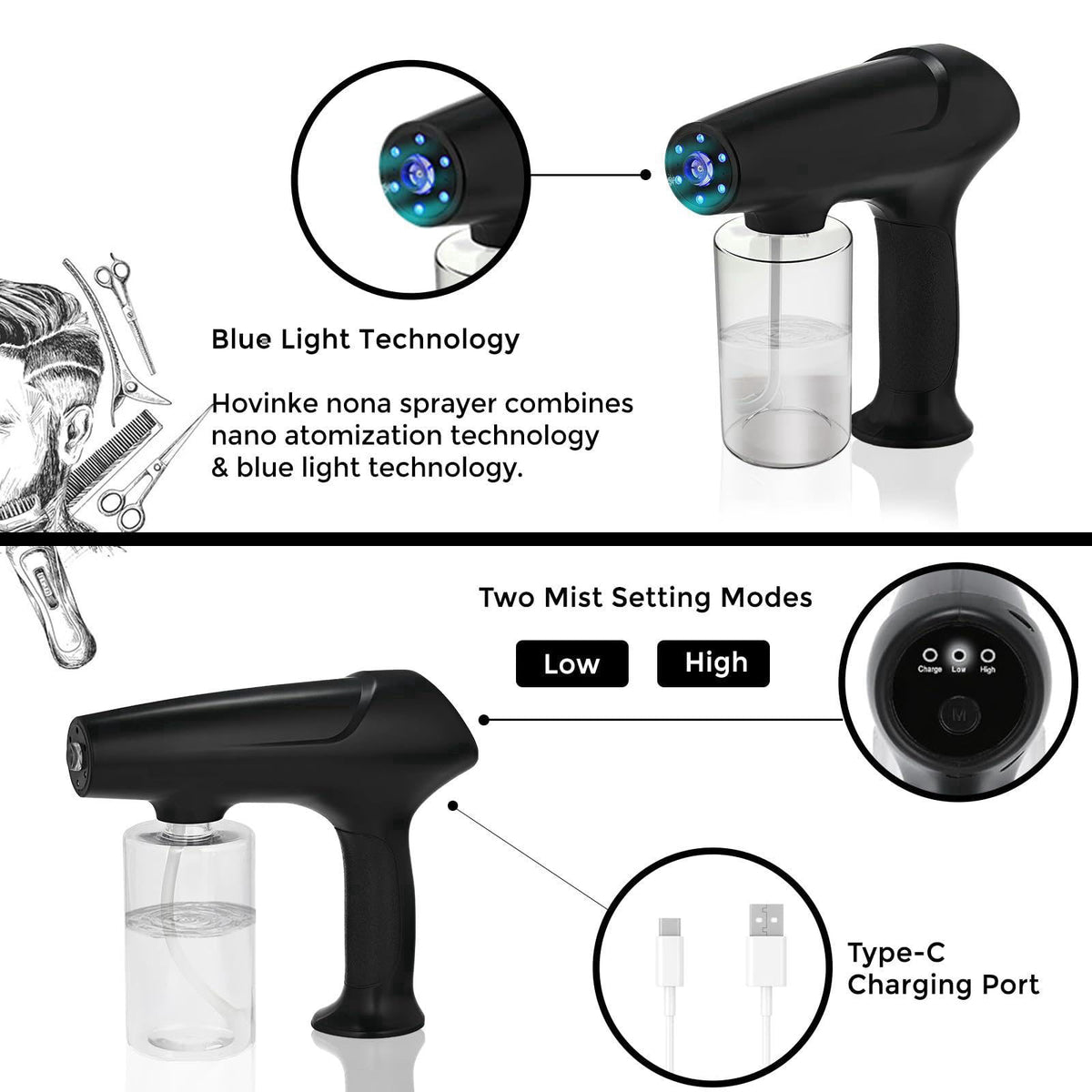 Hovinke Barber Spray Bottle with Blue Light, Rechargeable Electrostatic Atomizer Sprayer, Nano Mist Sprayer for Stylist,