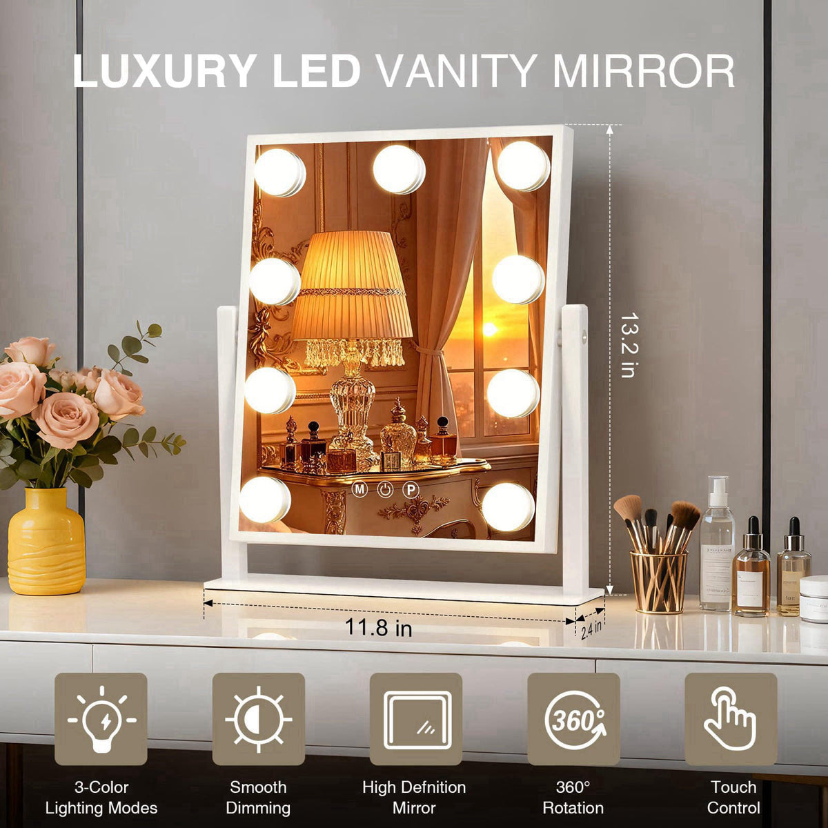 MEKKLEON Makeup mirror with lights,Hollywood Vanity Mirror with 9 LED Bulbs，12" x 13.2" Plug in Makeup Mirror fo
