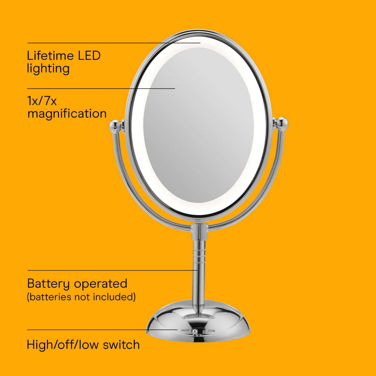 Conair Lighted Makeup Mirror, LED Vanity Mirror, 1X/7X Magnifying Mirror, Double Sided, Battery Operated in Polished Chr