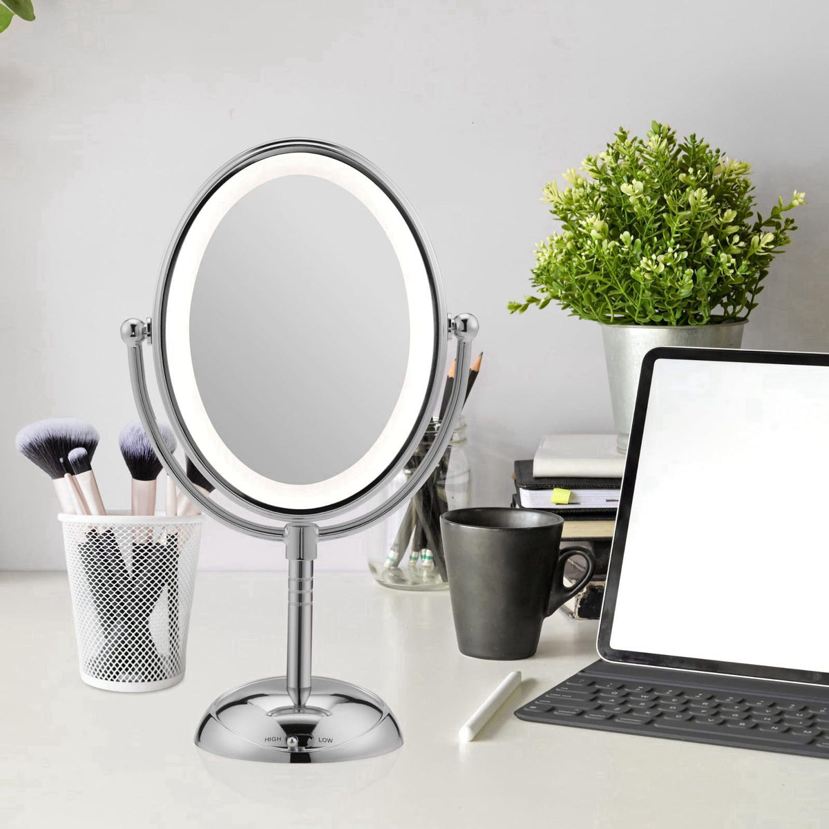 Conair Lighted Makeup Mirror, LED Vanity Mirror, 1X/7X Magnifying Mirror, Double Sided, Battery Operated in Polished Chr