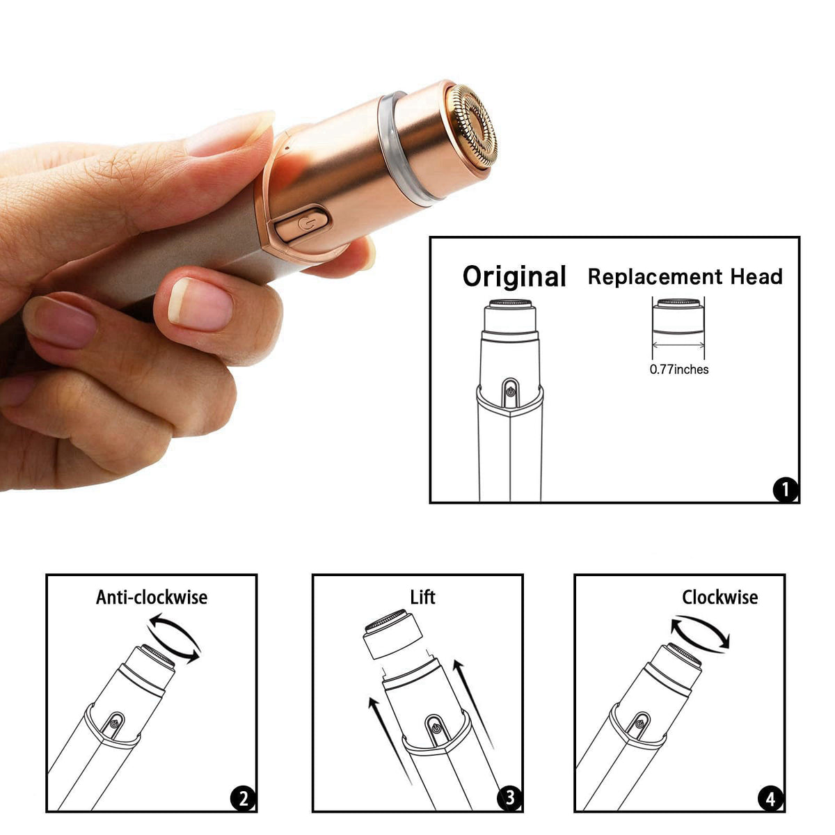 innobeaut Gen 3 Replacement Heads Compatible with Flawless Facial Remover, 5 Pack – back view and specifications
