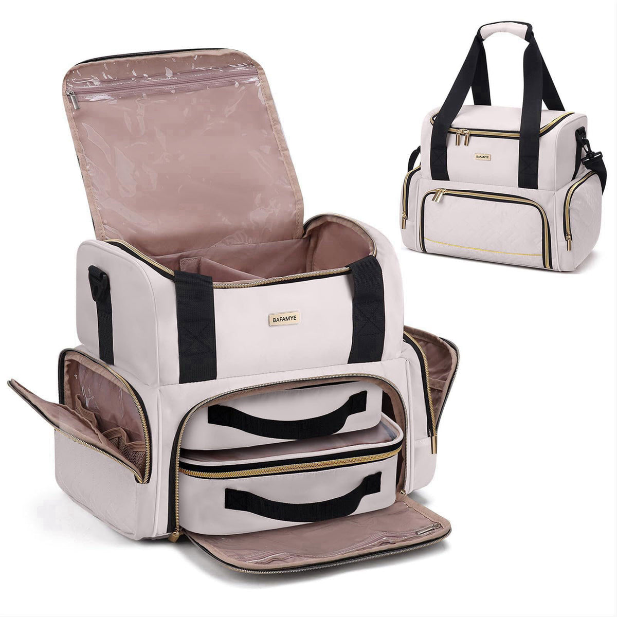 BAFAMYE Large Makeup Cosmetic Bag with 2 Removable Case, Double Layer Travel Makeup Organizer Case, travel Toiletry Bag 