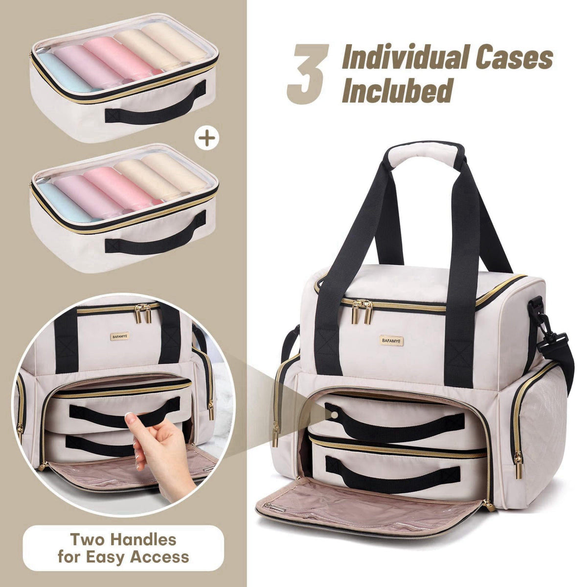 BAFAMYE Large Makeup Cosmetic Bag with 2 Removable Case, Double Layer Travel Makeup Organizer Case, travel Toiletry Bag 