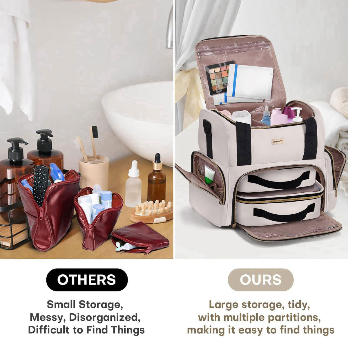BAFAMYE Large Makeup Cosmetic Bag with 2 Removable Case, Double Layer Travel Makeup Organizer Case, travel Toiletry Bag 