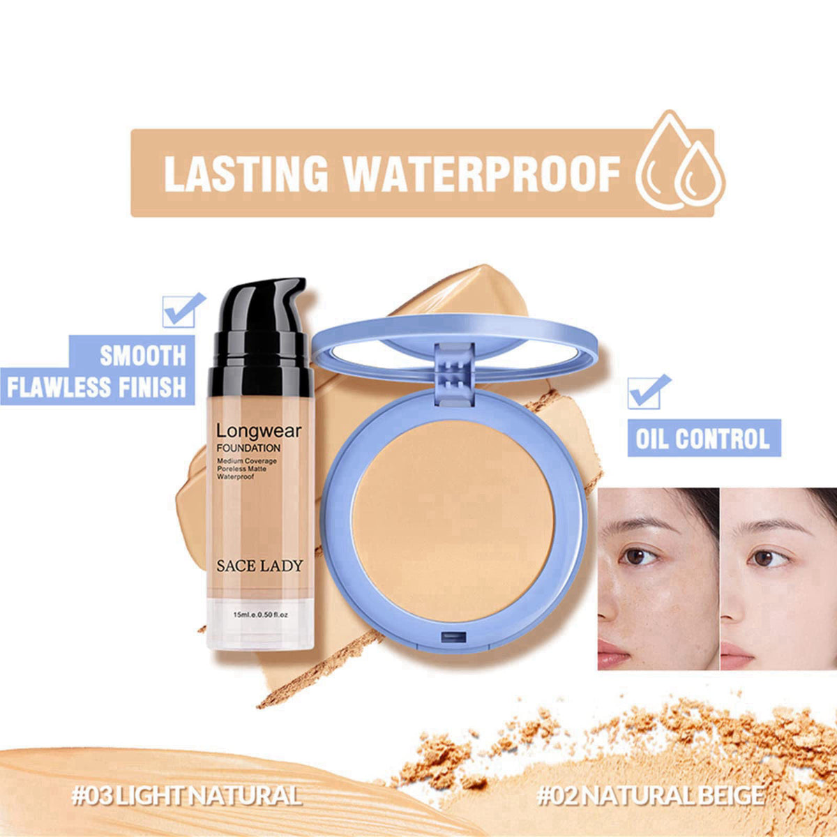 SACE LADY 2Pcs Face Make Up Set, Foundation and Oil Control Pressed Powder – back view and specifications