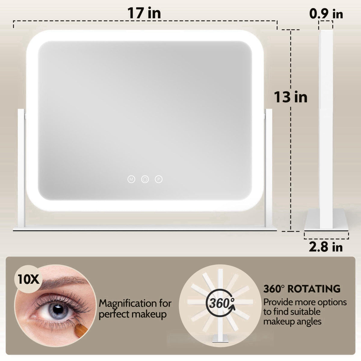 ROLOVE Lighted Makeup Mirror, 17"x13" Vanity Mirror with Lights, 10X Magnification, Gifts for Women, 3 Color Lig