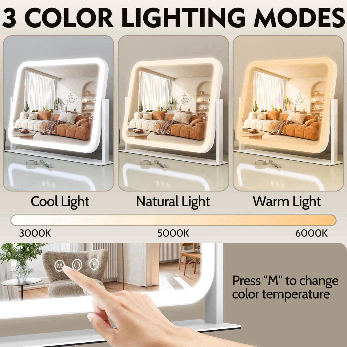 ROLOVE Lighted Makeup Mirror, 17"x13" Vanity Mirror with Lights, 10X Magnification, Gifts for Women, 3 Color Lig