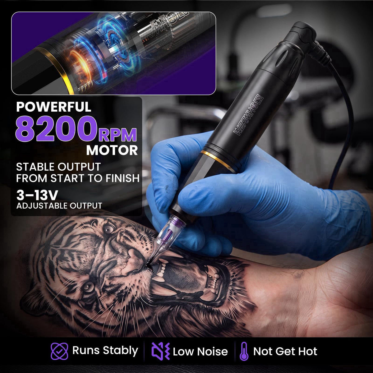 Wormhole Tattoo Gun Kit Uninterrupted Power Set for Beginners-Auri WTK070 – close-up detail in WTK070