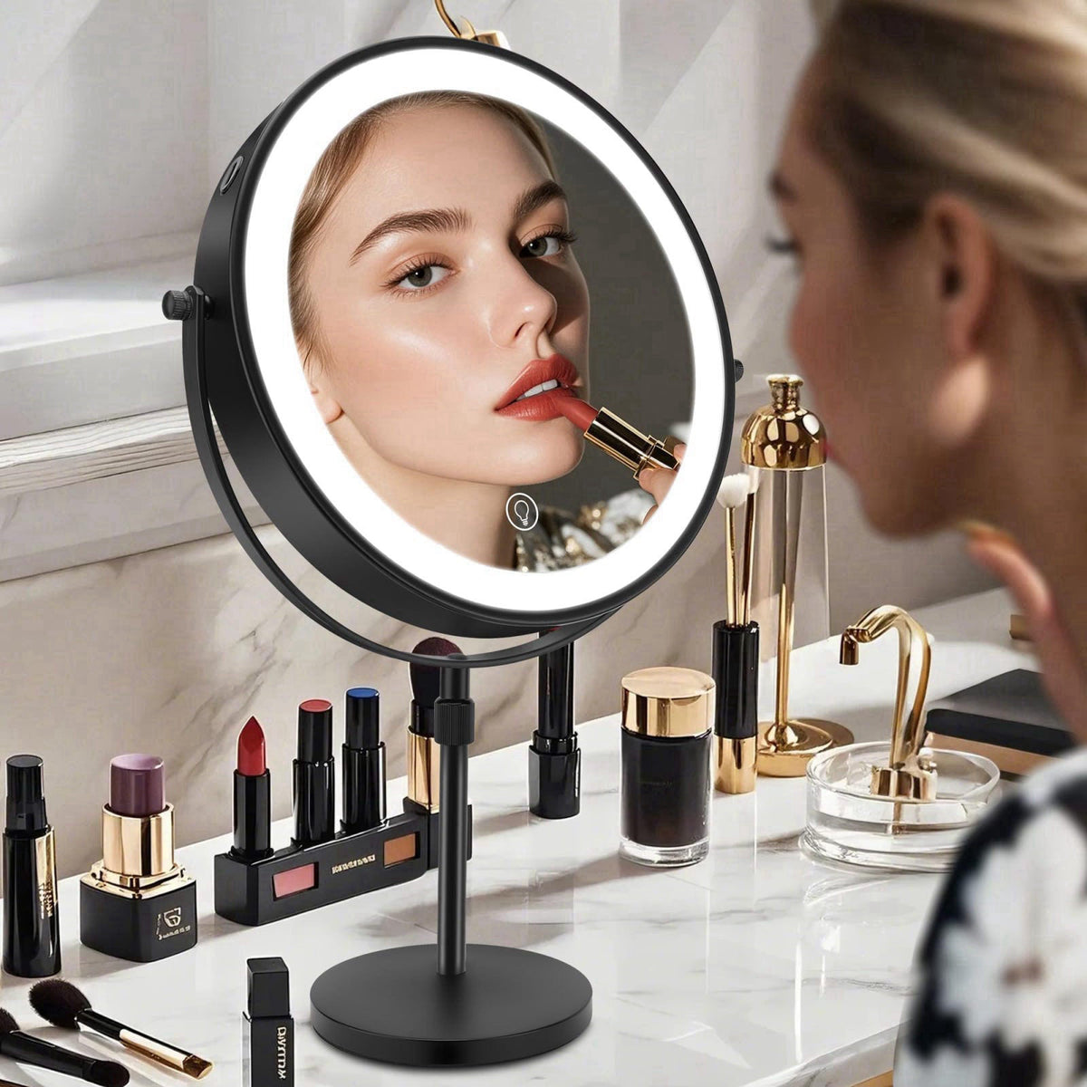 MEKOTRIN 8.7" Large Lighted Makeup Mirror, 1X/10X Magnifying Mirror with 3 Color Dimmable Lights, Double Sided Vanit