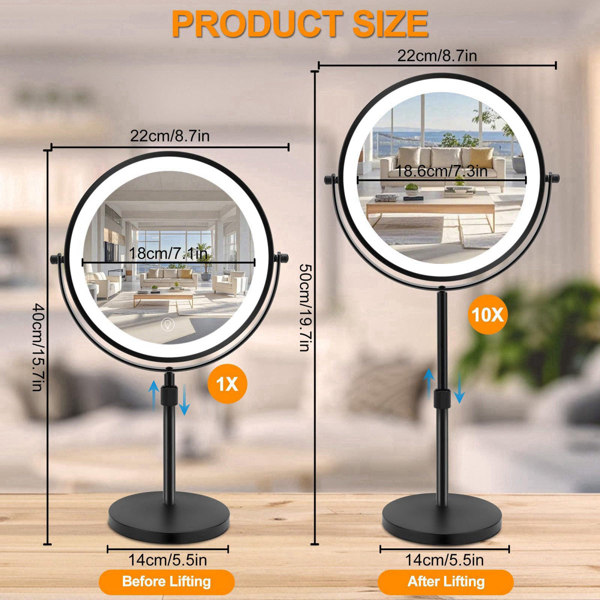 MEKOTRIN 8.7" Large Lighted Makeup Mirror, 1X/10X Magnifying Mirror with 3 Color Dimmable Lights, Double Sided Vanit