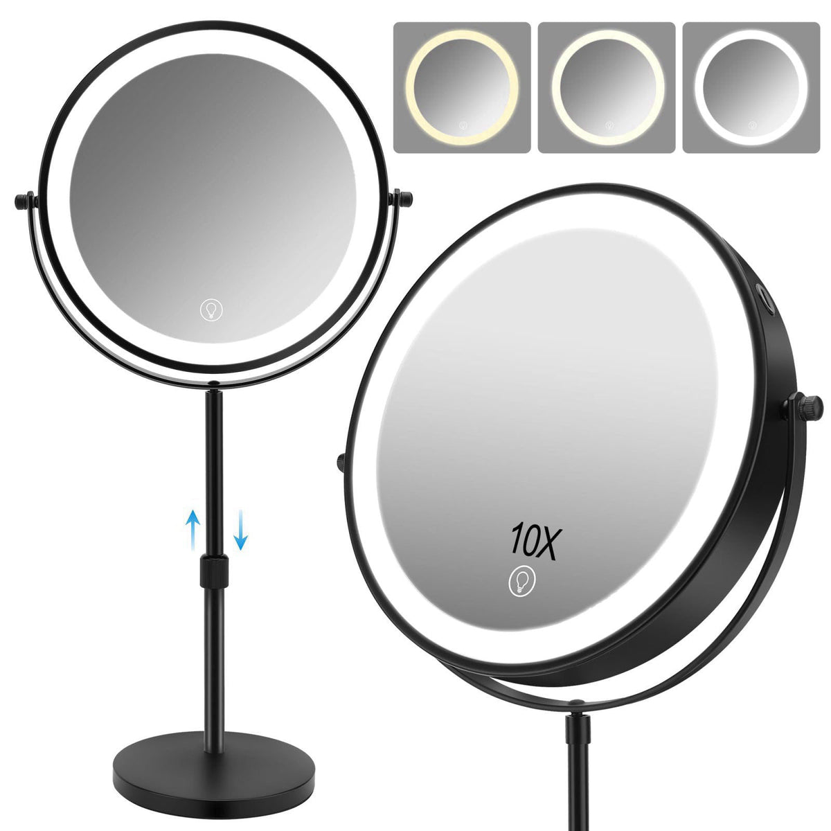 MEKOTRIN 8.7" Large Lighted Makeup Mirror, 1X/10X Magnifying Mirror with 3 Color Dimmable Lights, Double Sided Vanit