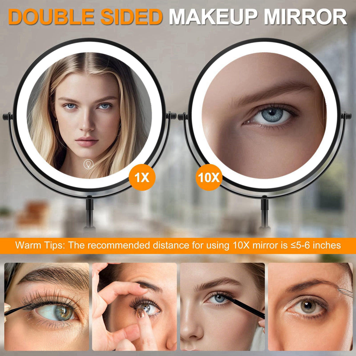 MEKOTRIN 8.7" Large Lighted Makeup Mirror, 1X/10X Magnifying Mirror with 3 Color Dimmable Lights, Double Sided Vanit