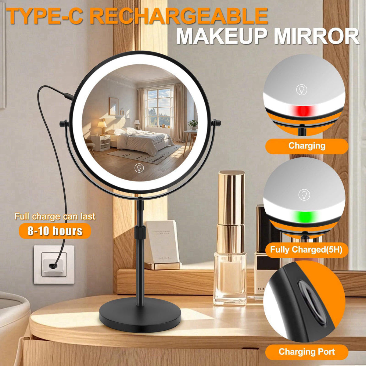 MEKOTRIN 8.7" Large Lighted Makeup Mirror, 1X/10X Magnifying Mirror with 3 Color Dimmable Lights, Double Sided Vanit