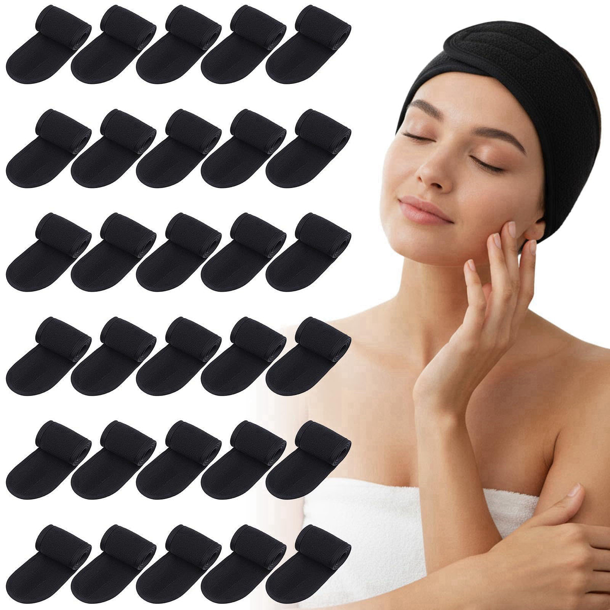 Xaajooio 30 Pack Spa Headband Adjustable Facial Head Wrap for Women Black Hair Band for Makeup, Washing, Shower, Yoga, a