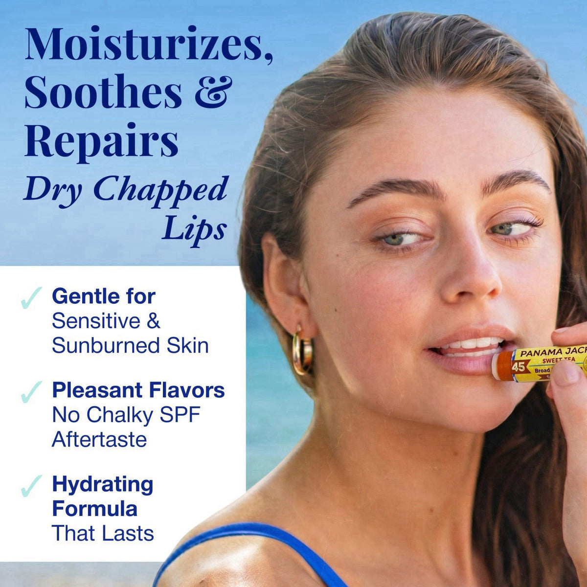 Panama Jack SPF 45 Sunscreen Lip Balm, Moisturizing, Sweet Tea, 12 Pack – packaging and label
