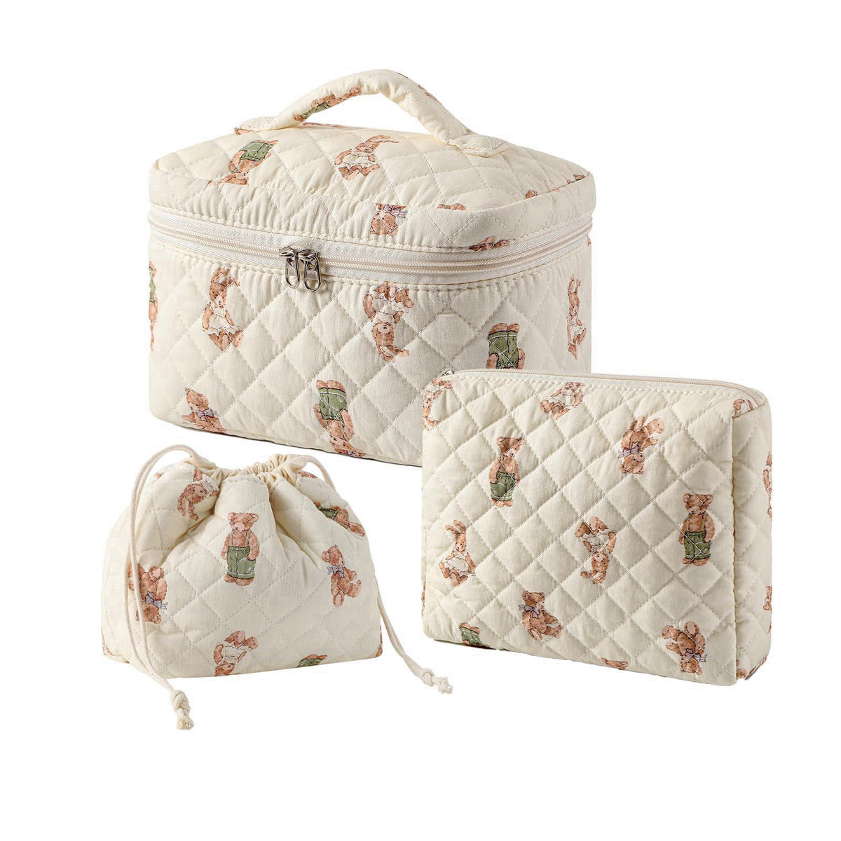 uekeboag 3pcs Large Cotton Quilted Makeup Bag Set,Coquette Aesthetic Cute Travel Toiletry Bag,Drawstring Gift Bag for Wo
