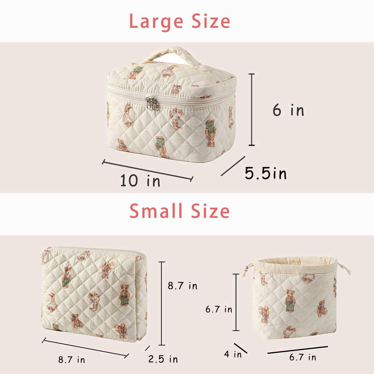 uekeboag 3pcs Large Cotton Quilted Makeup Bag Set,Coquette Aesthetic Cute Travel Toiletry Bag,Drawstring Gift Bag for Wo