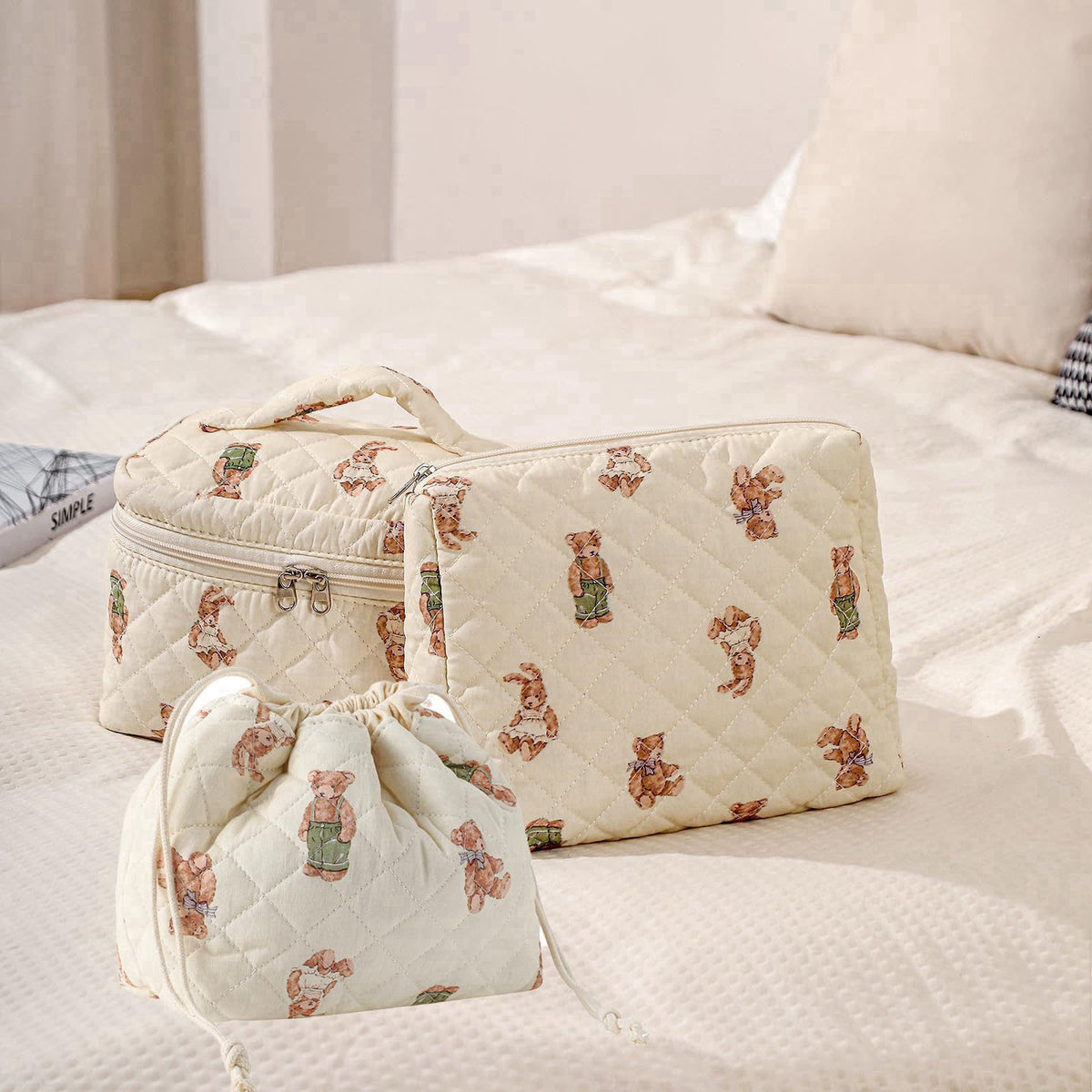 uekeboag 3pcs Large Cotton Quilted Makeup Bag Set,Coquette Aesthetic Cute Travel Toiletry Bag,Drawstring Gift Bag for Wo