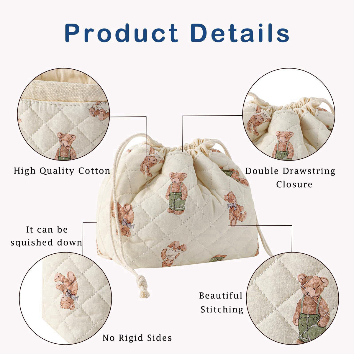 uekeboag 3pcs Large Cotton Quilted Makeup Bag Set,Coquette Aesthetic Cute Travel Toiletry Bag,Drawstring Gift Bag for Wo