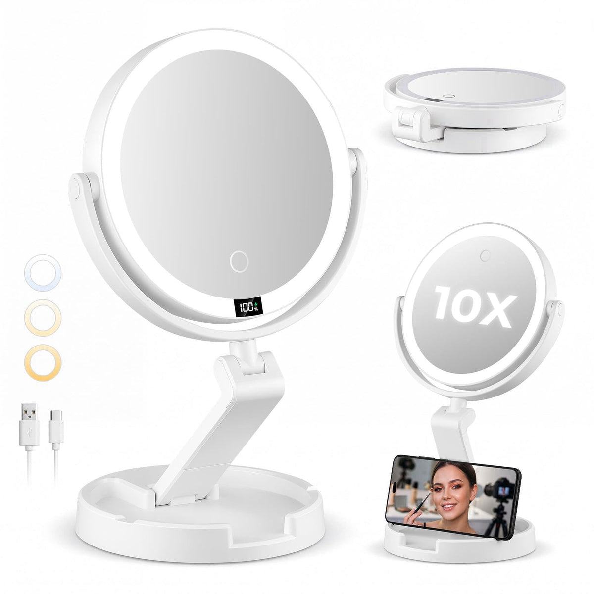 Brightown Lighted Travel Makeup Mirror,1X & 10X Magnification,3 Light Modes – White, Alloy-Aluminum