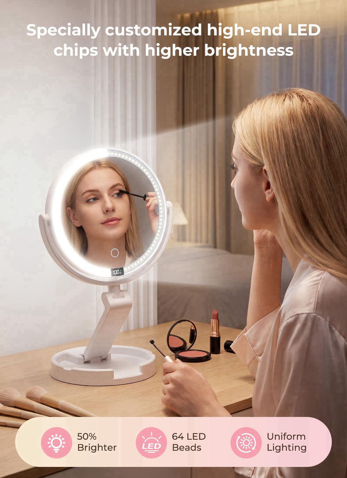 Brightown Lighted Travel Makeup Mirror,1X & 10X Magnification,3 Light Modes – close-up detail in White