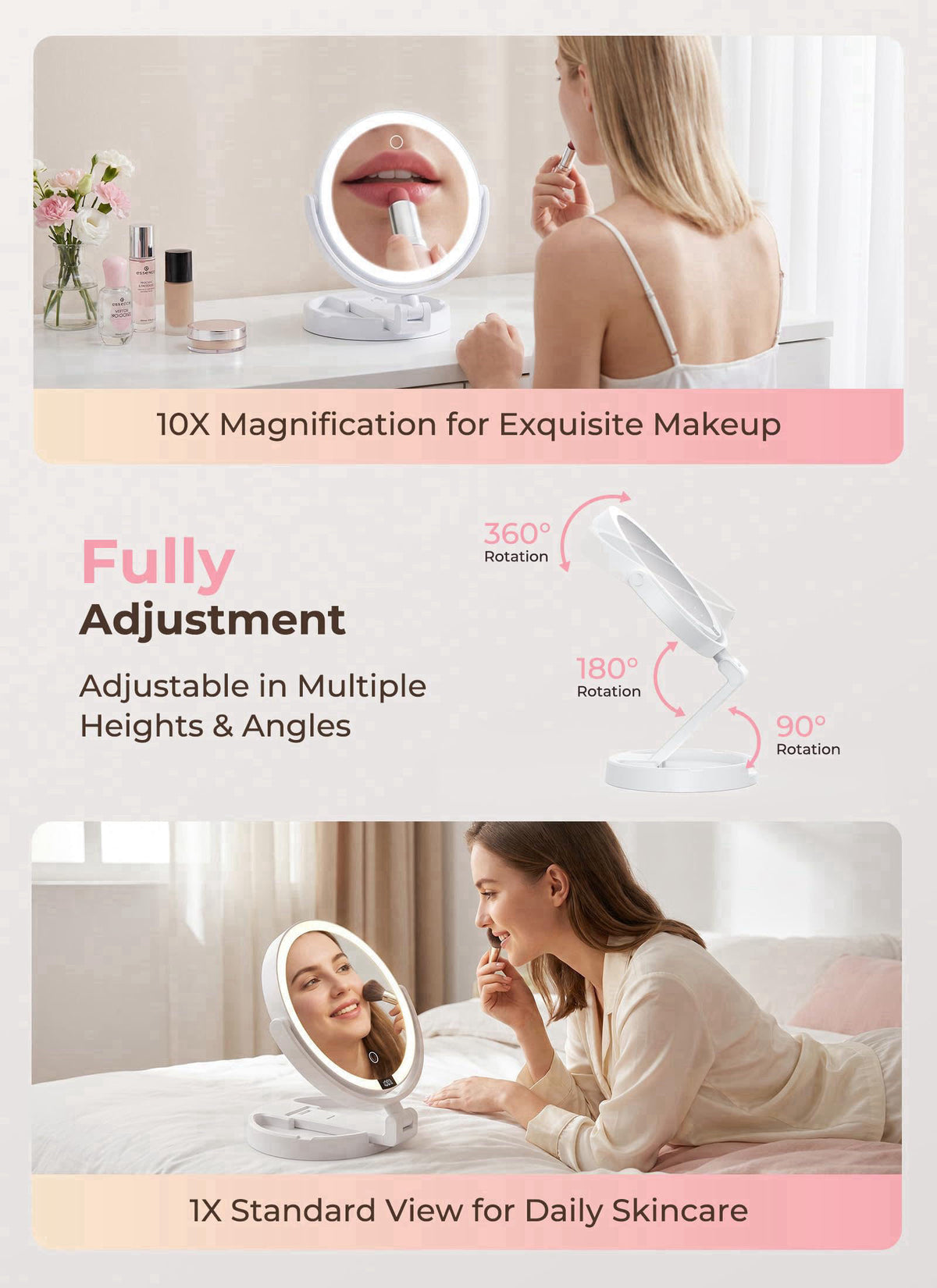 Brightown Lighted Travel Makeup Mirror,1X & 10X Magnification,3 Light Modes – full view