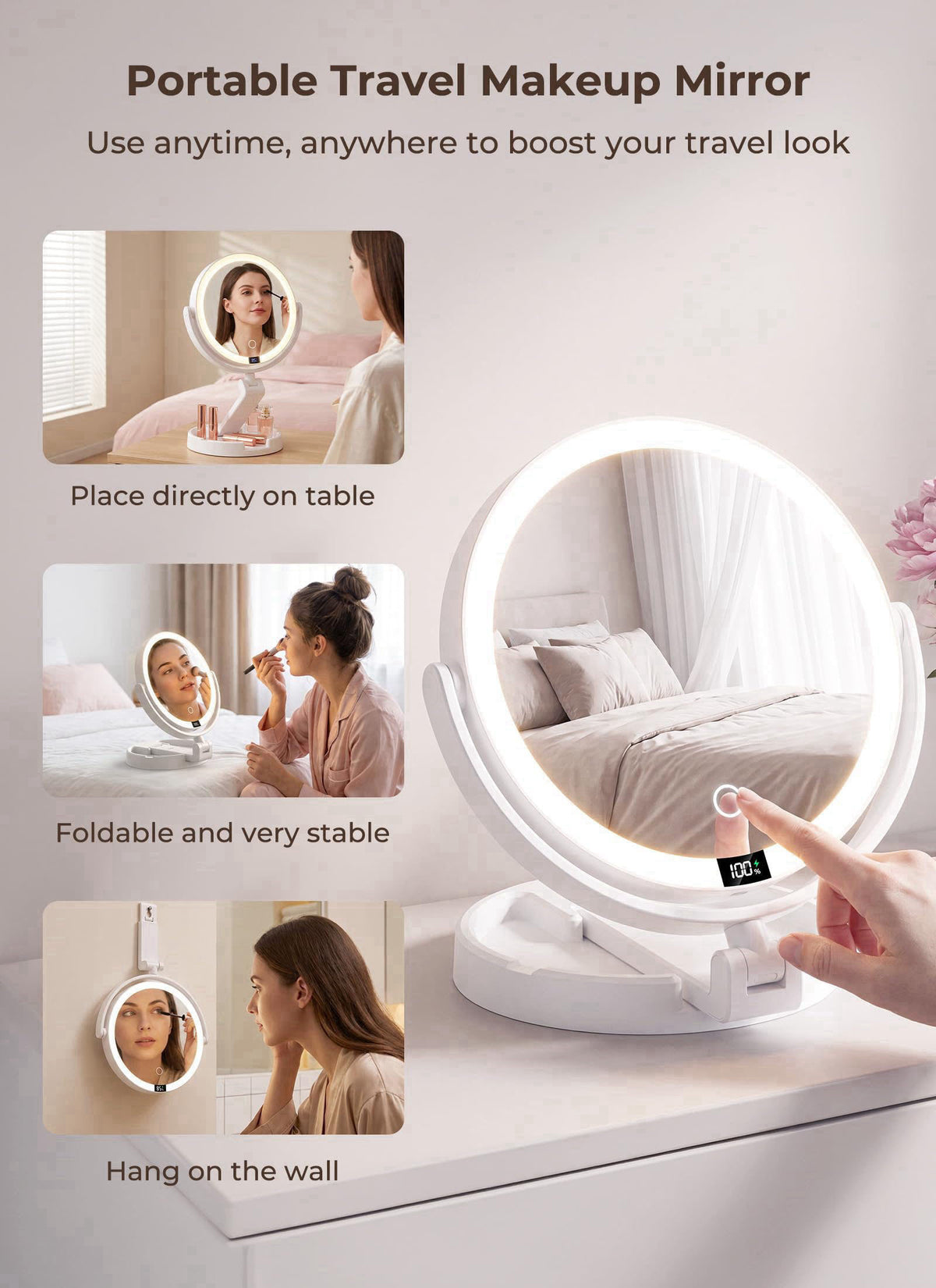 Brightown Lighted Travel Makeup Mirror,1X & 10X Magnification,3 Light Modes – back view and specifications