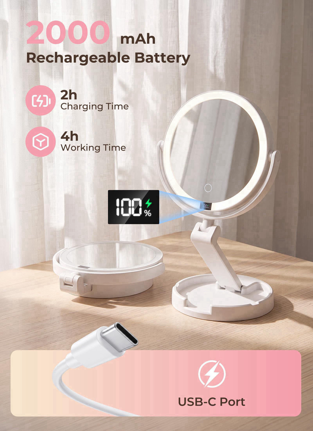 Brightown Lighted Travel Makeup Mirror,1X & 10X Magnification,3 Light Modes – alternate angle