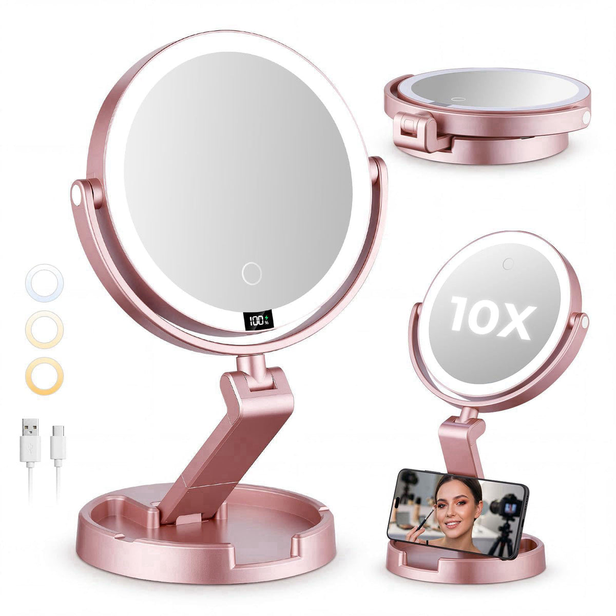 Brightown Lighted Travel Makeup Mirror,1X/10X Magnification,3 Light Modes, Rose Gold – Gold, Alloy-Aluminum