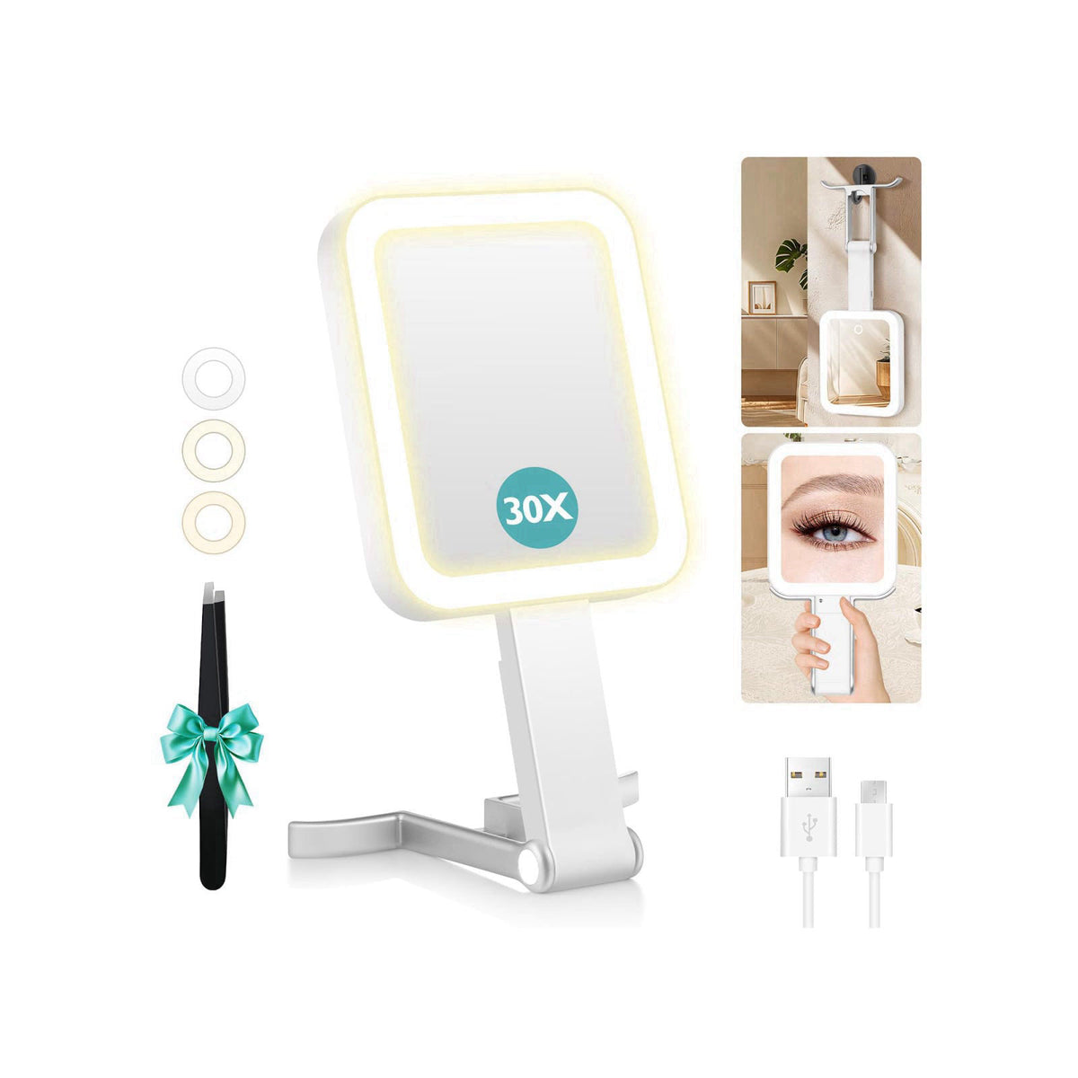 B Beauty Planet Small Travel Makeup Mirror with Lights(10" L x 5" W), Double-Sided 1X/30X Magnifying Mirror, 3 C