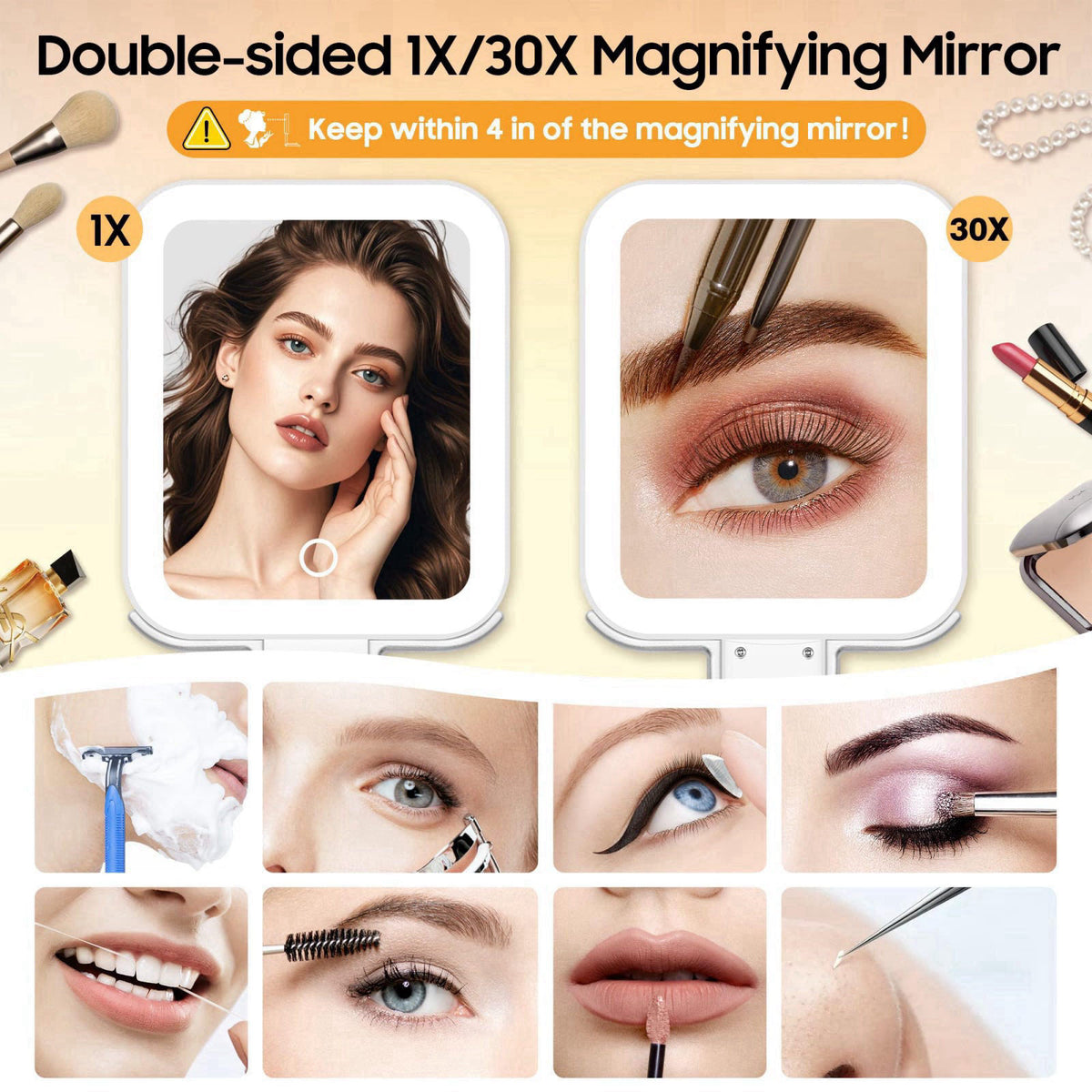 B Beauty Planet Small Travel Makeup Mirror with Lights(10" L x 5" W), Double-Sided 1X/30X Magnifying Mirror, 3 C