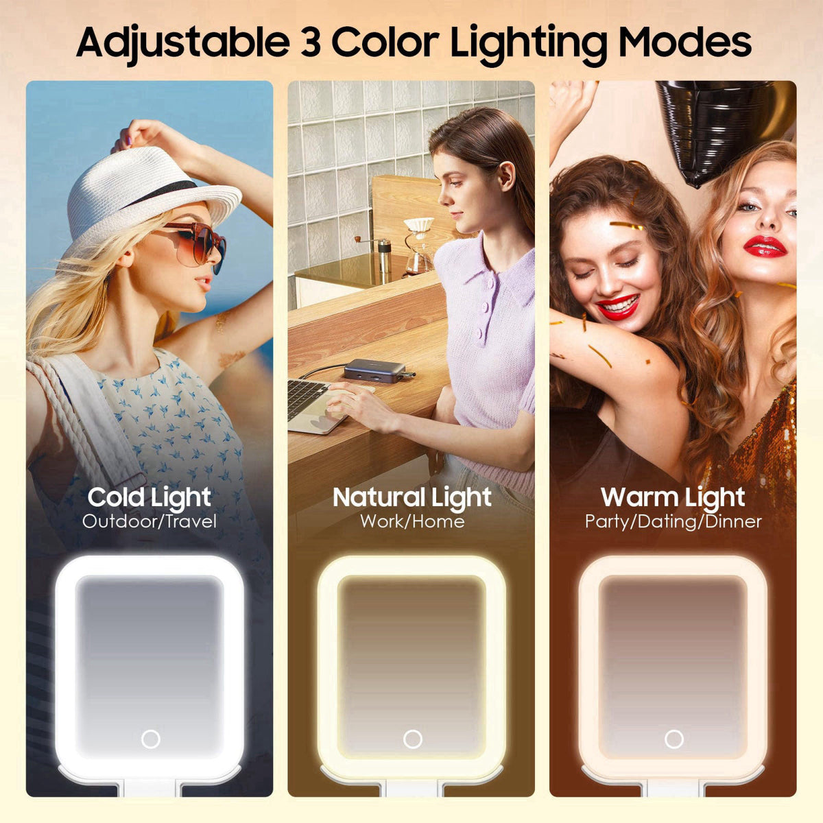 B Beauty Planet Small Travel Makeup Mirror with Lights(10" L x 5" W), Double-Sided 1X/30X Magnifying Mirror, 3 C