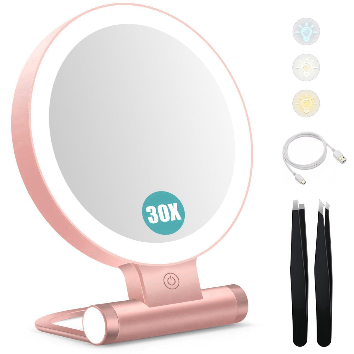 B Beauty Planet Magnifying Mirror with Light 30X, Double-Sided 1X/30X Magnifying Makeup Mirror with Tweezer, 2000mAh 3 C
