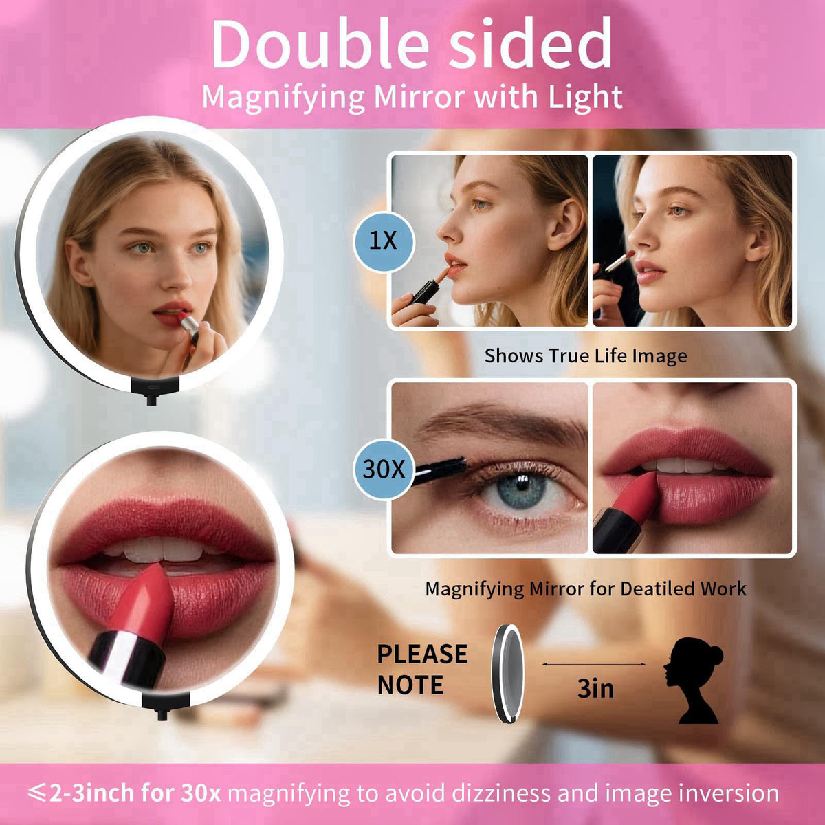 CC Mirrors Travel Magnifying Makeup Mirror with Lights, Double Sided 10X/1X, 6inch – close-up detail