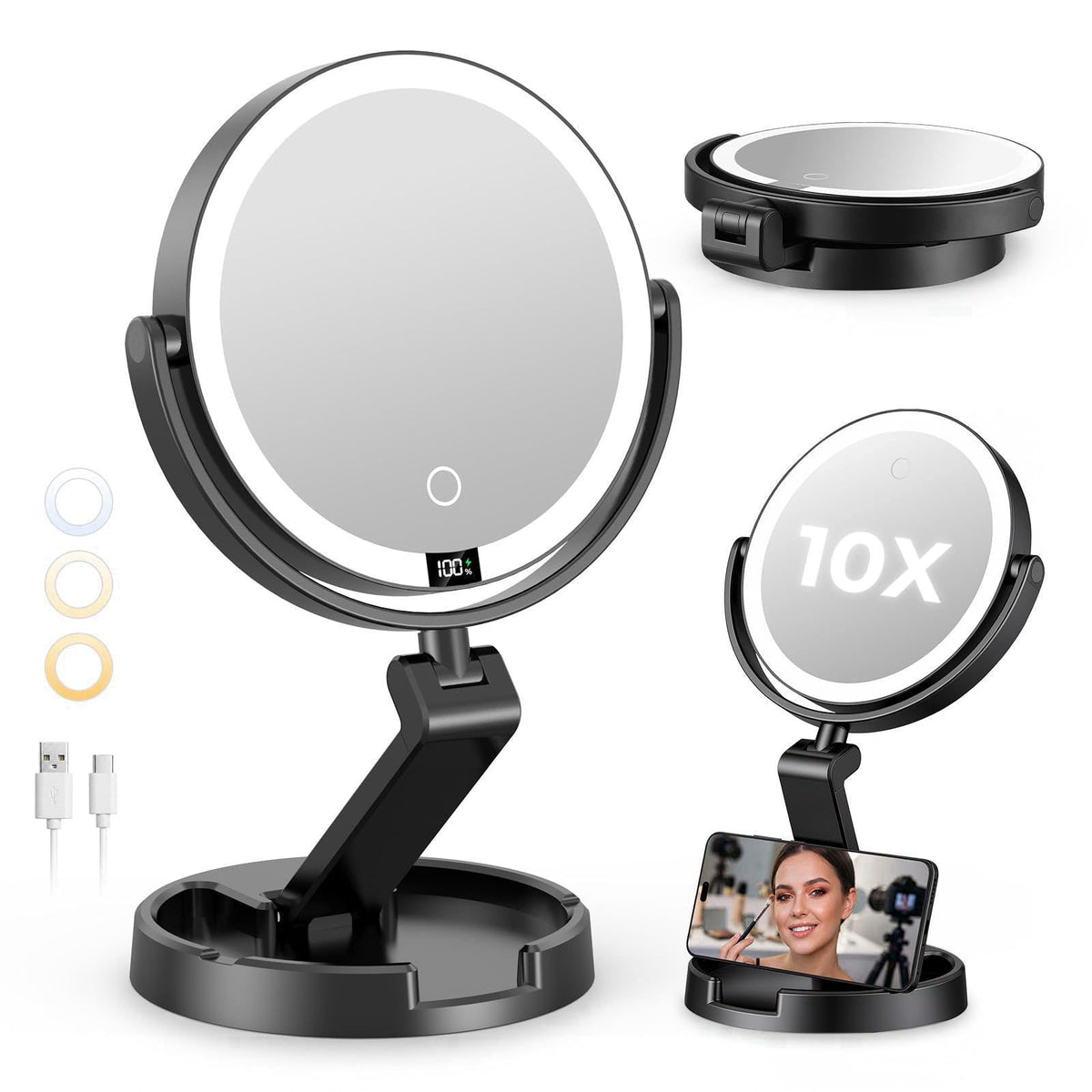 Brightown Lighted Travel Makeup Mirror,1X/10X Magnification,3 Light Modes,Black – Black, Alloy-Aluminum