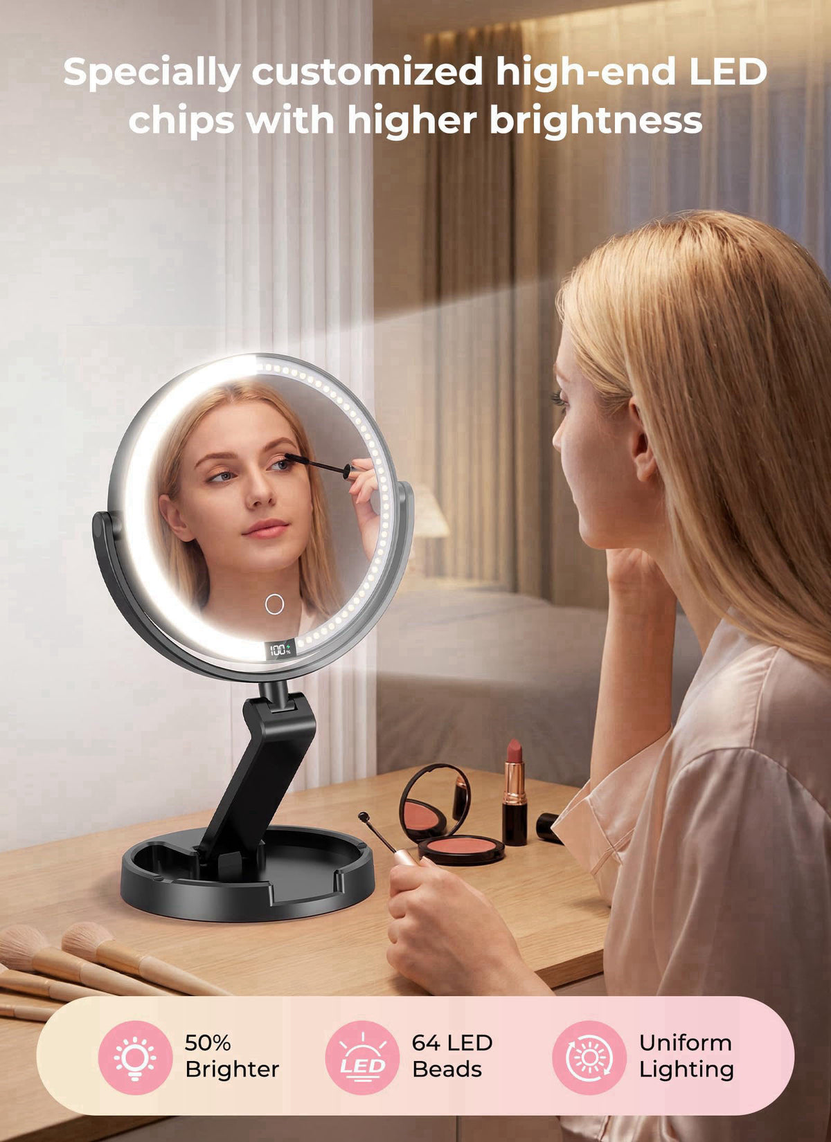 Brightown Lighted Travel Makeup Mirror,1X/10X Magnification,3 Light Modes,Black – close-up detail in Black
