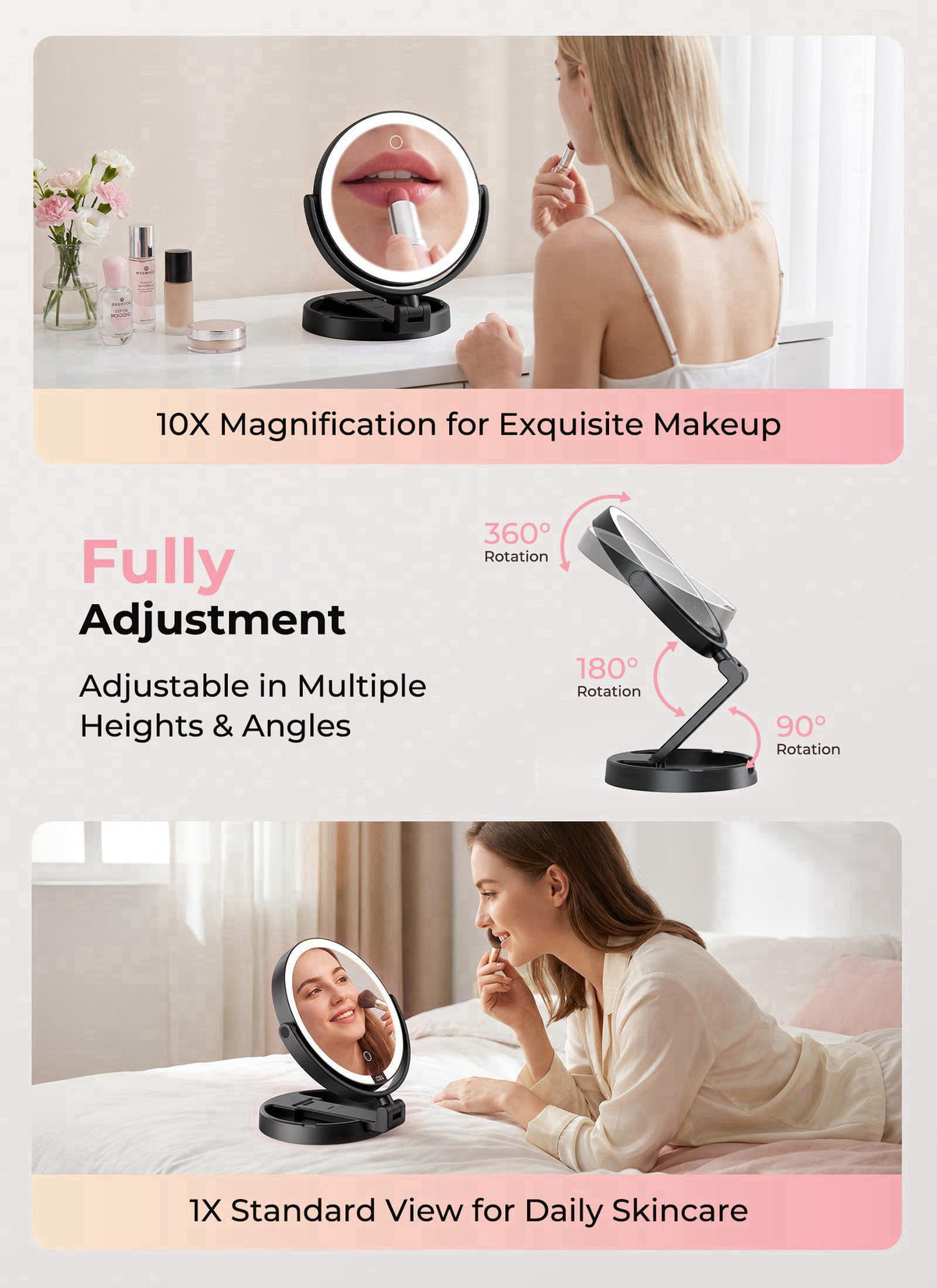 Brightown Lighted Travel Makeup Mirror,1X/10X Magnification,3 Light Modes,Black – full view