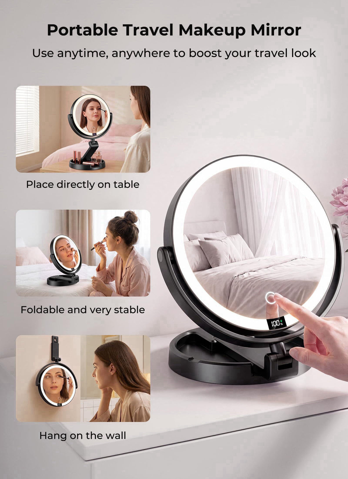 Brightown Lighted Travel Makeup Mirror,1X/10X Magnification,3 Light Modes,Black – back view and specifications
