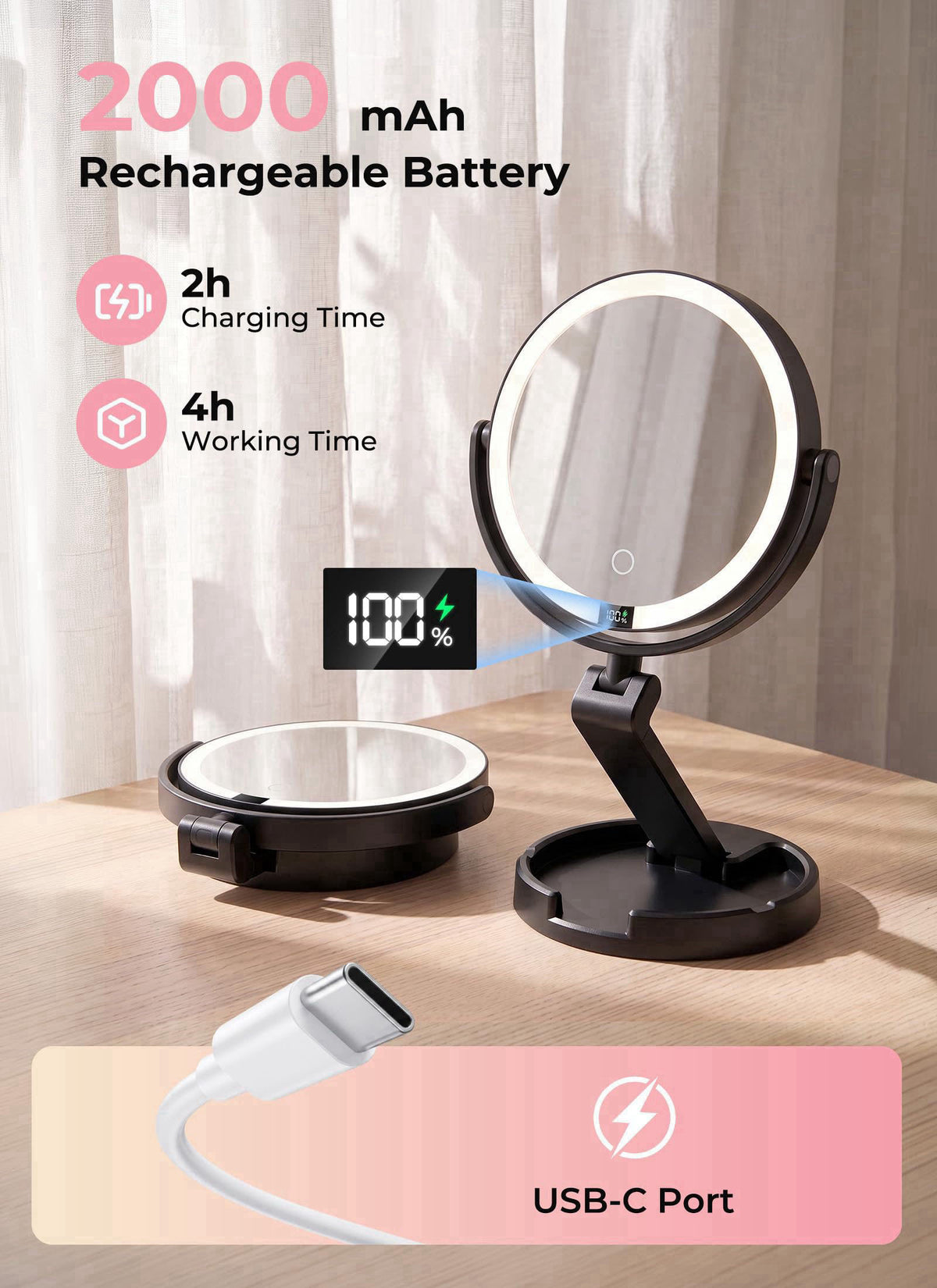 Brightown Lighted Travel Makeup Mirror,1X/10X Magnification,3 Light Modes,Black – alternate angle